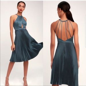 RYSE the Label Pia Blue Grey Satin Halter Midi Dress